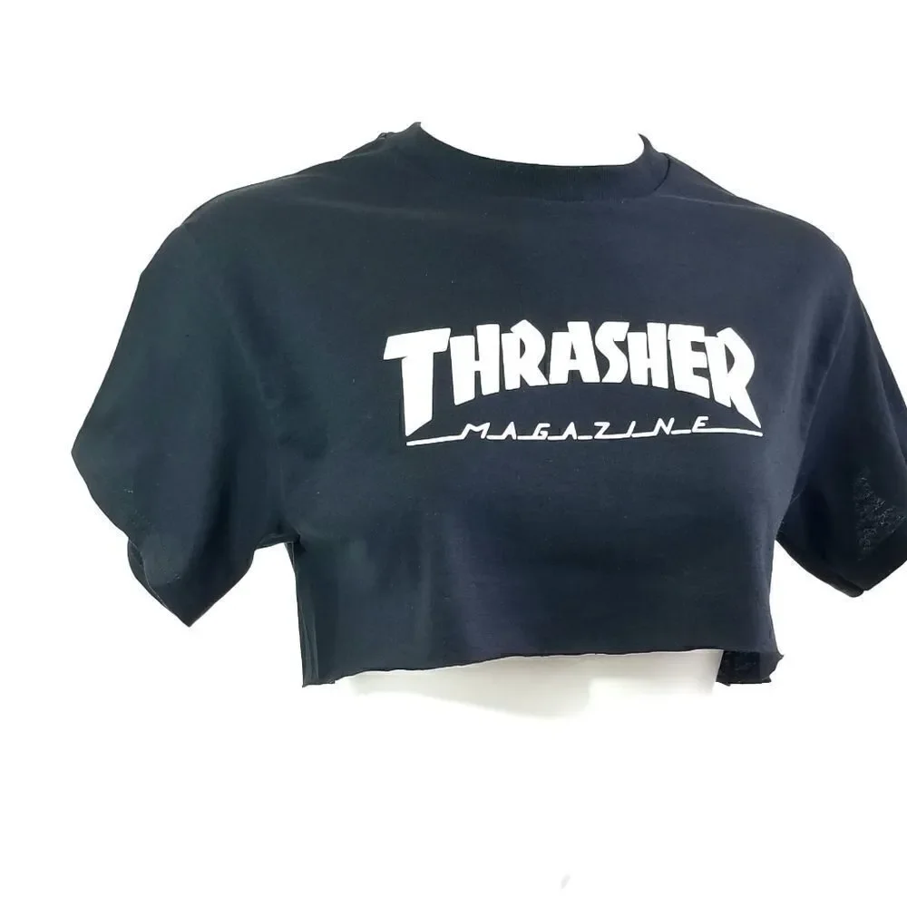 Reworked THRASHER Magazine Big Logo Print "Cropped" Crop Top Skateboarding Tee - Picture 2 of 5
